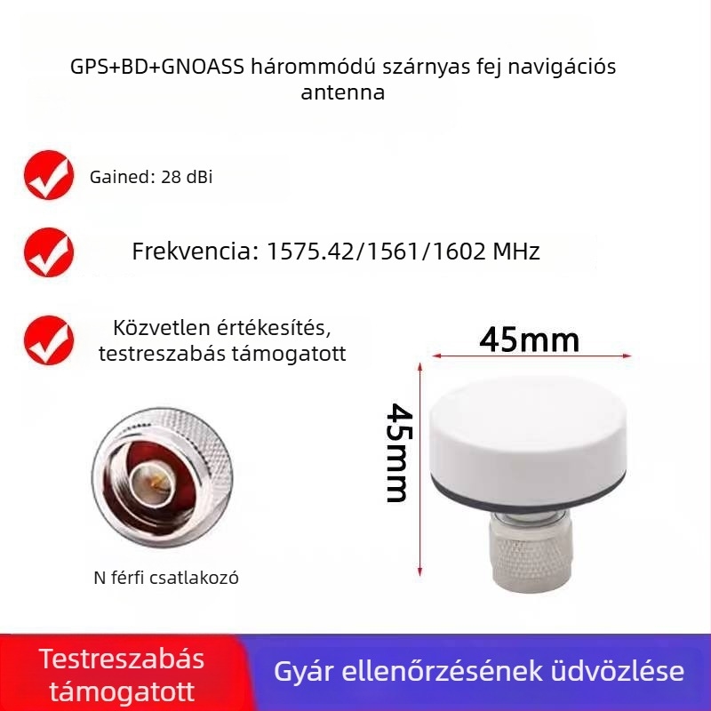 Hárommódú aktív külső autó navigációs antenna GPS, BeiDou és GLONASS, omni irányú, gombafejű fej