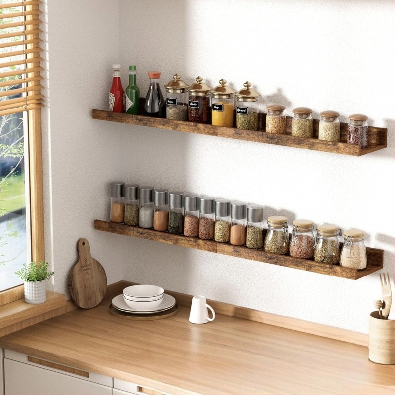 Falihoz szerelhető, fa/bambusz anyagú tároló | 1 szintű szervező a konyhai fűszerekhez és fürdőszobai kellékekhez; csavaros rögzítés, modern minimalist dizájn
