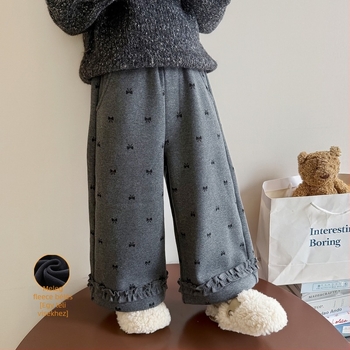 Lányoknak készült fleece-bevonatú széles lábú téli melegítőnadrág, 80% poliészter, puha felület, középmagas derekú elasztikus övvel