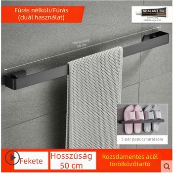 Rozsdamentes acél törölközőtartó fekete felülettel, egycsöves dizájn, tároló polccal, fúrás nélküli szerelés