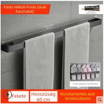 Rozsdamentes acél törölközőtartó fekete felülettel, egycsöves dizájn, tároló polccal, fúrás nélküli szerelés