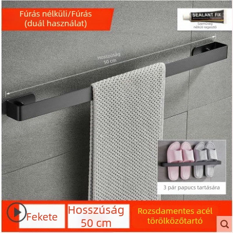 Rozsdamentes acél törölközőtartó fekete felülettel, egycsöves dizájn, tároló polccal, fúrás nélküli szerelés