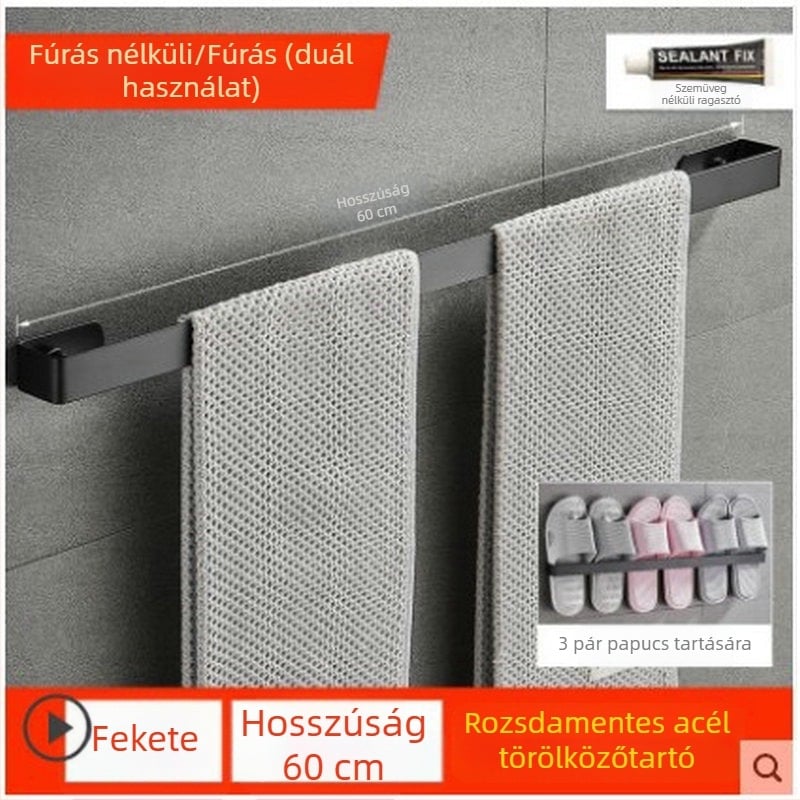 Rozsdamentes acél törölközőtartó fekete felülettel, egycsöves dizájn, tároló polccal, fúrás nélküli szerelés