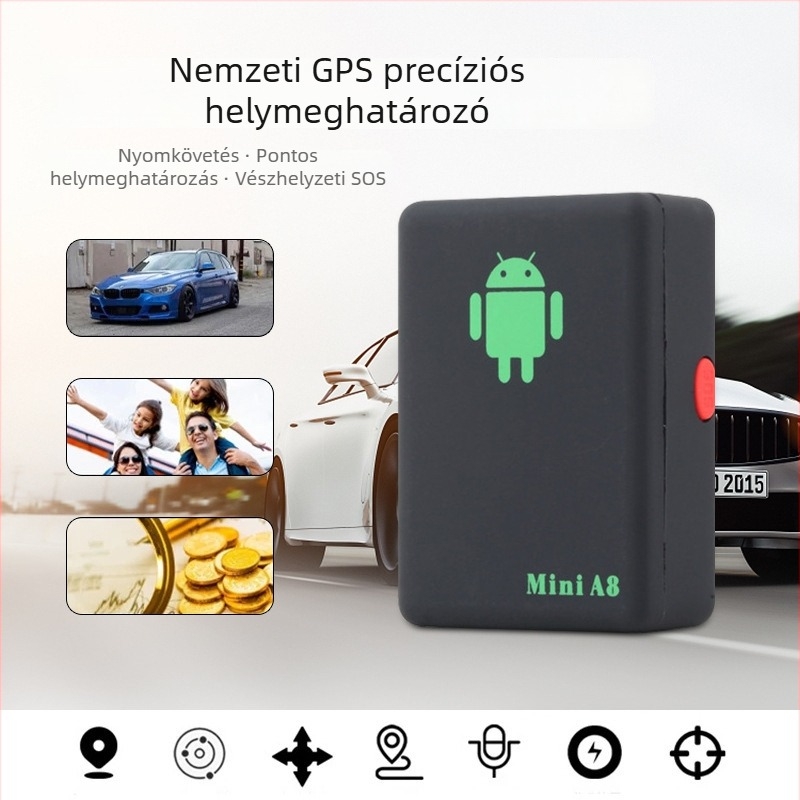 A8 autós GPS nyomkövető tolvajvédelemmel és mobil riasztással, GPS pozicionálás pontossága 500 m, IP67 vízálló, akkumulátor üzemideje 78 óra