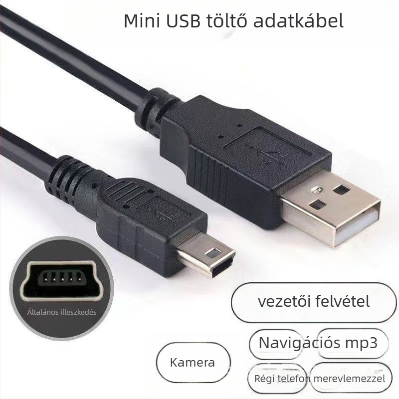 Mini USB adatkábel trapézporttal, univerzális MP3 lejátszókhoz, autórádiókhoz és dash cam-ekhez; szilikon anyag, egyrészes csatlakozó, jellemző 3410430, maximális kimenet 1