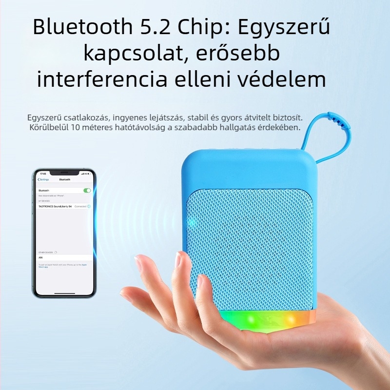 RGB Bluetooth hangszóró rádióval, hordozható IPX3 vízálló, 5W, beépített akkumulátor 1200–2000mAh, Bluetooth 5.2, 100Hz–20kHz