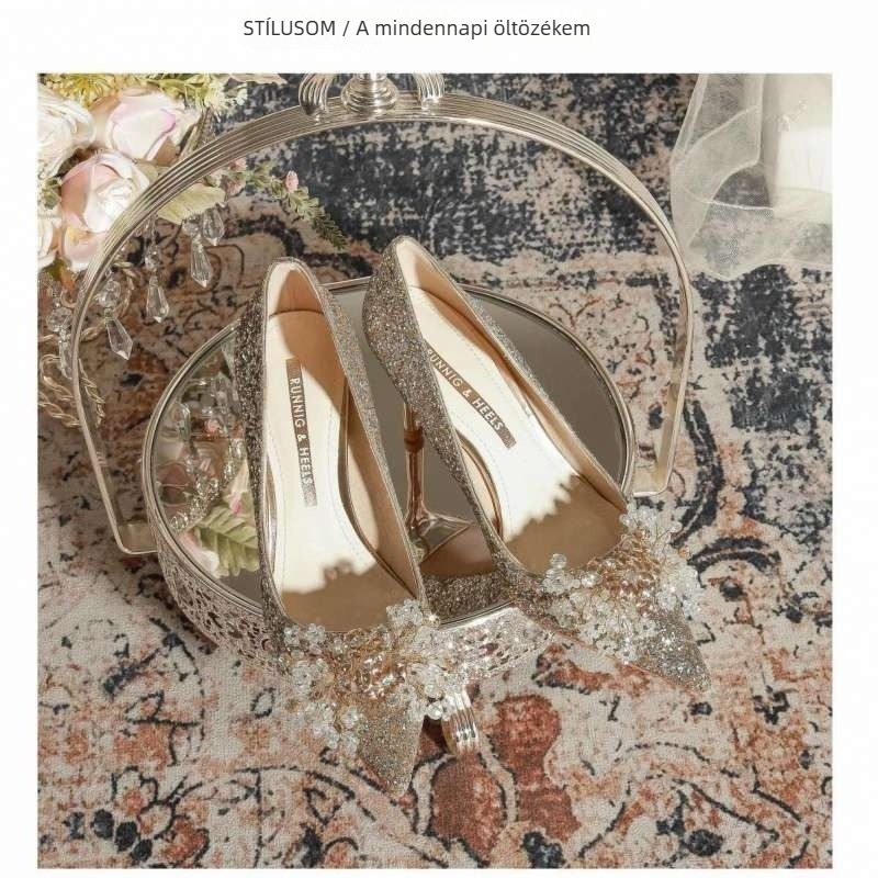 Menyasszonyi magas sarkú cipő, hegyes orral, PU felsőrész, sarok 8 cm feletti, vékony sarok, gumi talp