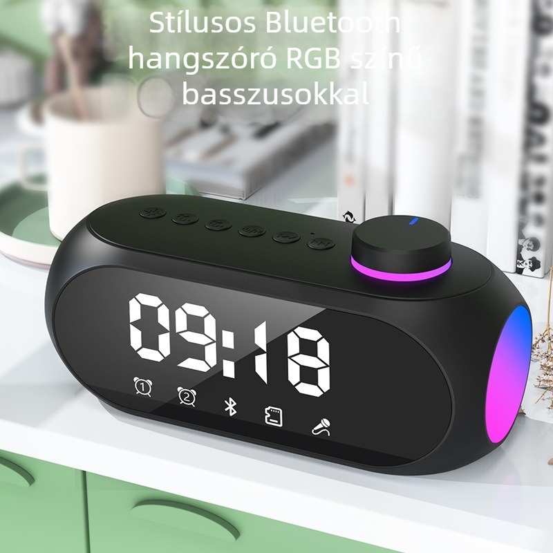 Bluetooth hangfal ébresztővel, rádióval és RGB éjszakai fénnyel - 3W, Bluetooth 5.0, beépített akkumulátor 1000–1200mAh, 100Hz–20kHz, SNR ≥75dB