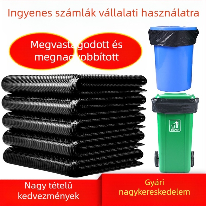 Kereskedelmi szemeteszsák PE anyagból, vastag falú, egyszer használatos, lapos szájú, univerzális felhasználásra