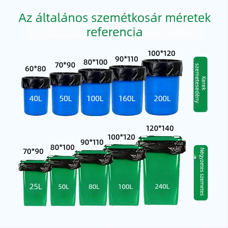 Kereskedelmi szemeteszsák PE anyagból, vastag falú, egyszer használatos, lapos szájú, univerzális felhasználásra