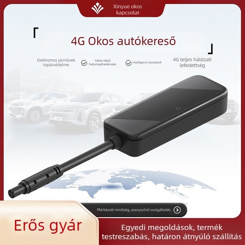 4G GPS nyomkövető autókhoz és motorkerékpárokhoz XY301; GPS pontosság 5–10 m; riasztási módok: rezgés, áramkimaradás, SOS, geofence, gyorshajtás; IP65 vízálló.