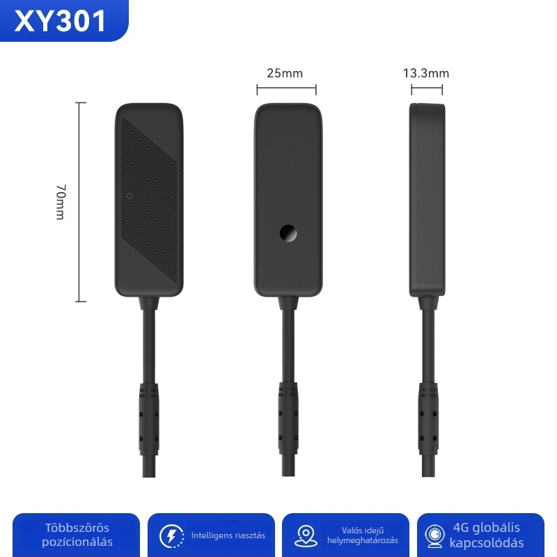 4G GPS nyomkövető autókhoz és motorkerékpárokhoz XY301; GPS pontosság 5–10 m; riasztási módok: rezgés, áramkimaradás, SOS, geofence, gyorshajtás; IP65 vízálló.