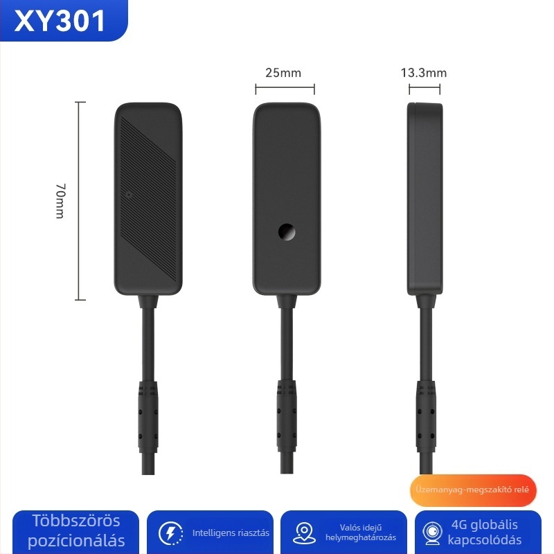 4G GPS nyomkövető autókhoz és motorkerékpárokhoz XY301; GPS pontosság 5–10 m; riasztási módok: rezgés, áramkimaradás, SOS, geofence, gyorshajtás; IP65 vízálló.