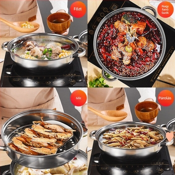 Rozsdamentes acélból készült többszörös levesgőzölő edény, kétszintes gőzölő, kompatibil gáztűzhellyel és indukciós főzővel, büféberendezés, logóval testreszabható, autorizált magánmárka, első osztályú minőség