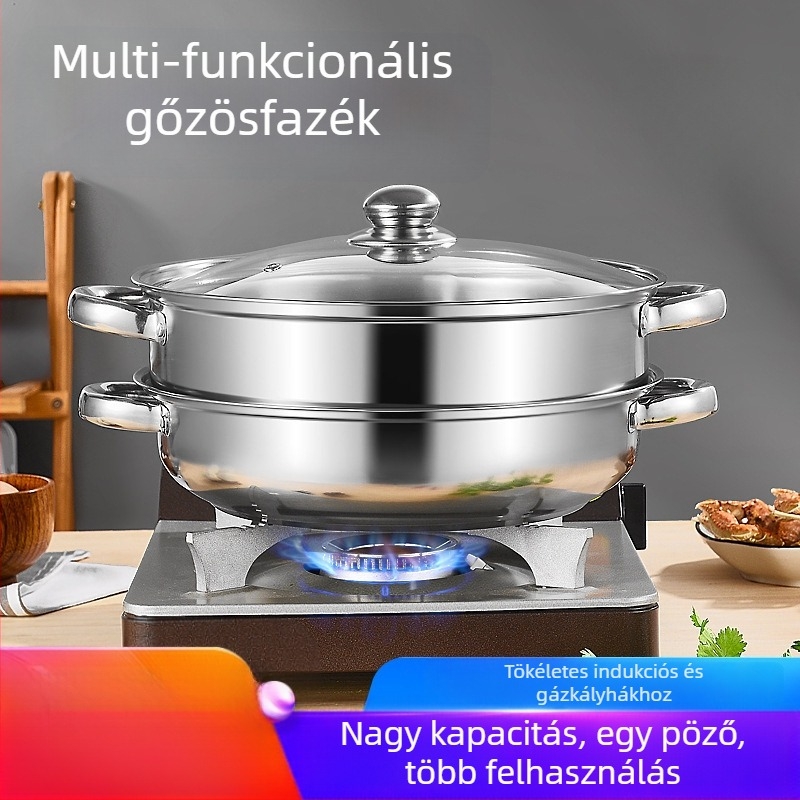 Rozsdamentes acélból készült többszörös levesgőzölő edény, kétszintes gőzölő, kompatibil gáztűzhellyel és indukciós főzővel, büféberendezés, logóval testreszabható, autorizált magánmárka, első osztályú minőség
