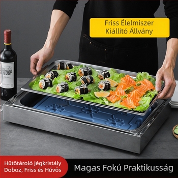 Rozsdamentes acélból készült hűtő- és kiállítóasztal sushi, nyers hús és tengeri ételek számára nyugati és japán éttermekben
