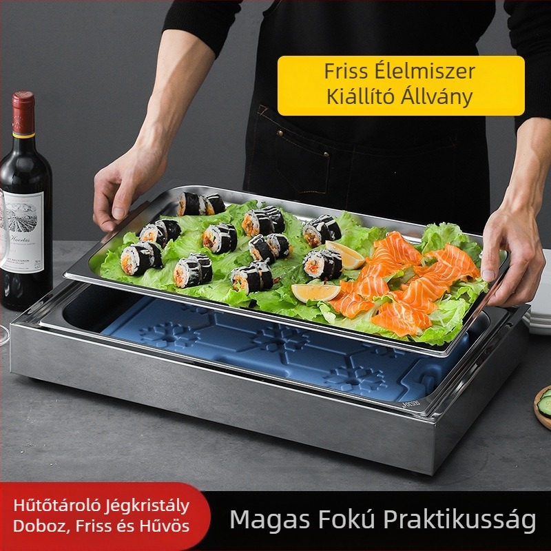 Rozsdamentes acélból készült hűtő- és kiállítóasztal sushi, nyers hús és tengeri ételek számára nyugati és japán éttermekben
