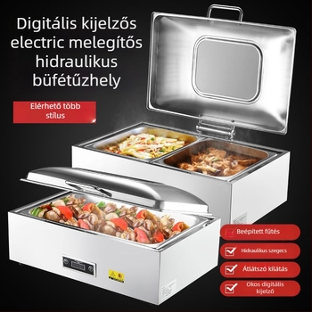 Rozsdamentes acél büféberendezés hidraulikus billenő fedéllel, elektromos fűtéssel és logónyomással