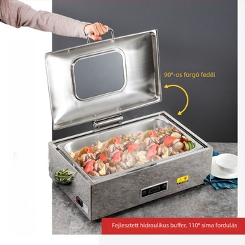Rozsdamentes acél büféberendezés hidraulikus billenő fedéllel, elektromos fűtéssel és logónyomással