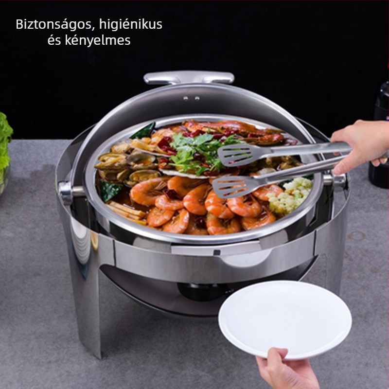 Rozsdamentes acélból készült kör alakú büfé tűzhely felnyíló fedéllel, elektromos fűtés és vízfürdő-szigetelés