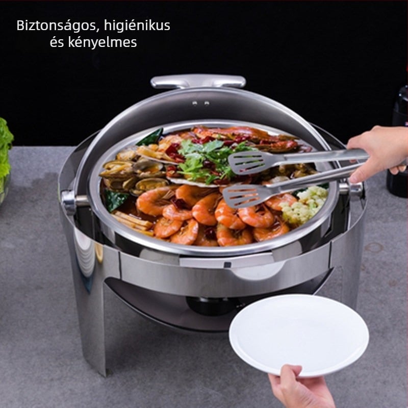 Rozsdamentes acélból készült kör alakú büfé tűzhely felnyíló fedéllel, elektromos fűtés és vízfürdő-szigetelés