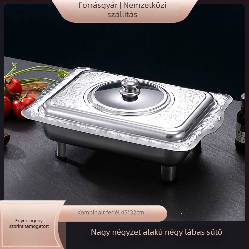 Négy lábú, négyszögletes büfé-sütő rozsdamentes acélból, szétszerelhető dizájn, kültéri piknikhez