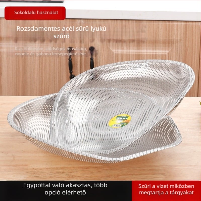 Rozsdamentes acélból készült, sűrű lyukú leszűrőedény zöldségek és gyümölcsök mosásához, konyhába