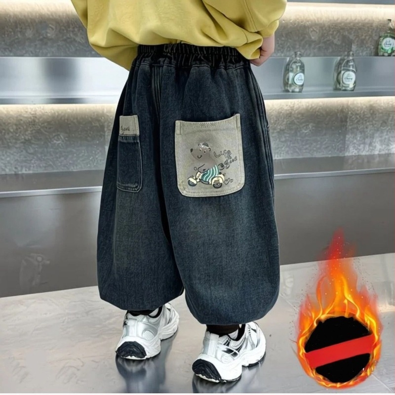 Fiúknak szóló fleeces denim jogger nadrág – téli, rajzfilm mintával, elasztikus derék, hosszú