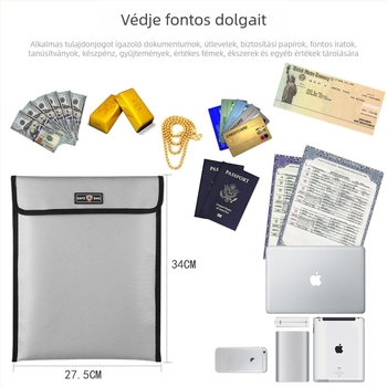 Szilikonnal bevont üvegszálas dokumentumtáska, kétoldalas tűzálló és vízálló, cipzárral. Márka: Neutral; Anyag: szilikon bevonatú üvegszálas szövet; Stílus: cipzár; Tömeg: 245 g; Vastagság: 10