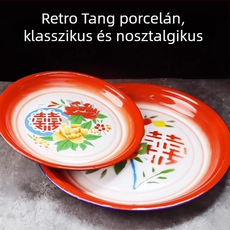 Zománcozott kör alakú tálaló tál virágos mintával, nosztalgikus retro stílus, átmérő 18–19 cm
