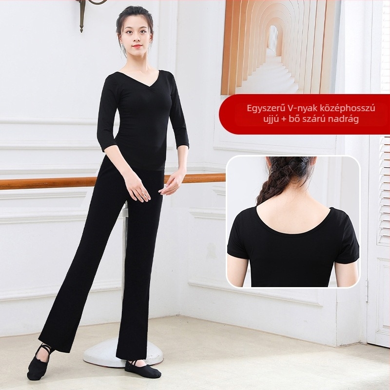 Női két részes táncruha szett: felső és szabad, egyenes szabású, mikro‑flare szárú nadrág; anyag modal–pamut keverék (95% pamut) bélés: pamut 95%; Nyár- és tavaszi szezon, színpadi és balett használatra