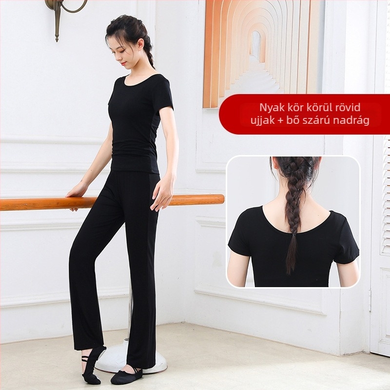 Női két részes táncruha szett: felső és szabad, egyenes szabású, mikro‑flare szárú nadrág; anyag modal–pamut keverék (95% pamut) bélés: pamut 95%; Nyár- és tavaszi szezon, színpadi és balett használatra