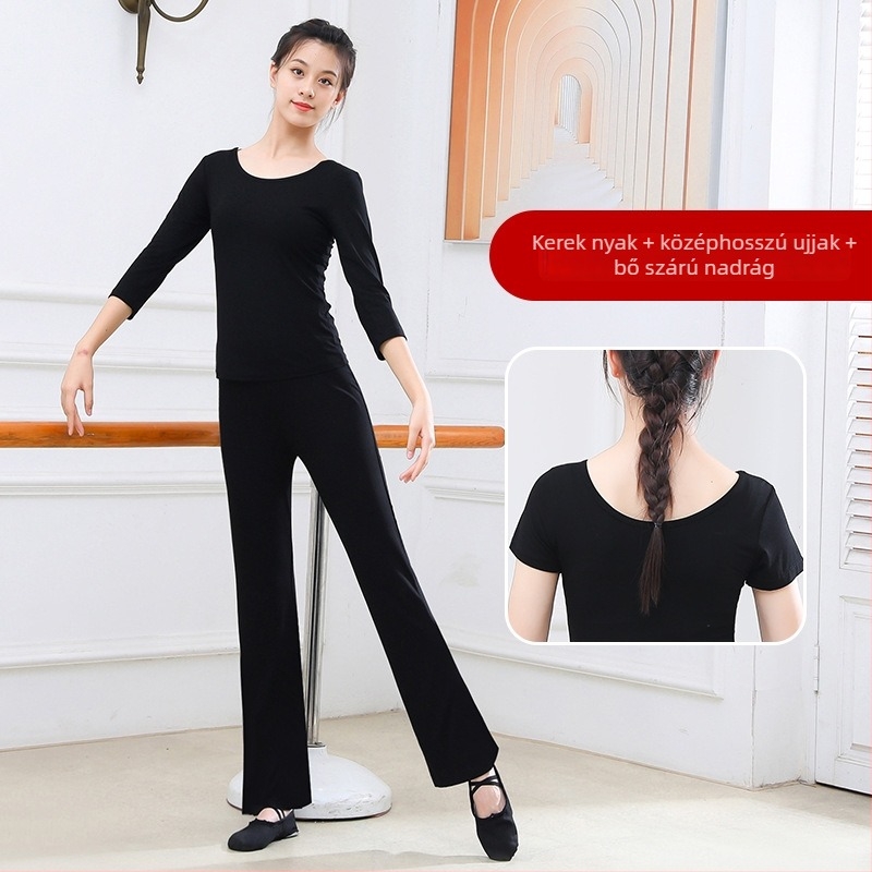 Női két részes táncruha szett: felső és szabad, egyenes szabású, mikro‑flare szárú nadrág; anyag modal–pamut keverék (95% pamut) bélés: pamut 95%; Nyár- és tavaszi szezon, színpadi és balett használatra