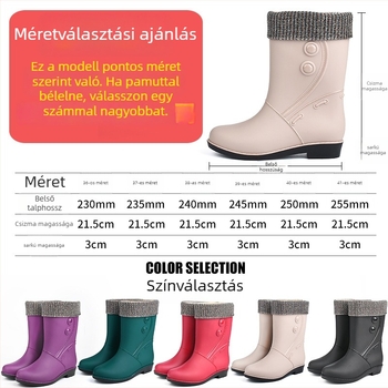 Női esőcsizma, tehénbőrből készült, középső szár, lapos sarok, téli