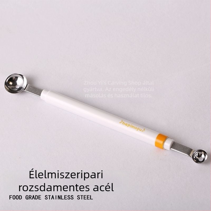 Mini kettős fejű gyümölcskanál fém anyagból, éles élű kivételéhez, koreai stílus, egyszerű dizájn