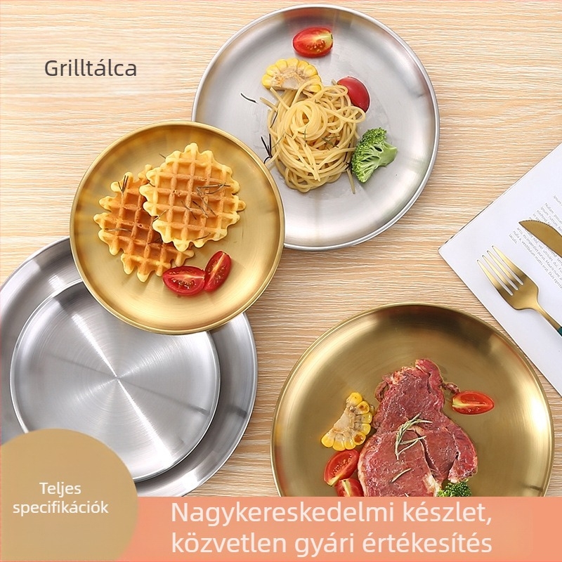 Rozsdamentes acélból készült kör alakú sekély tál, drót-húzott felülettel, mikróhullámú sütőben használható, testreszabható