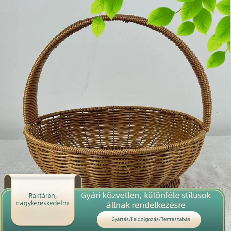 Hordozható gyümölcskosár piknikhez, imitált rattanfonat kosár, otthoni bevásárlókosár, ajándékcsomagoló kosár, szedőkosár