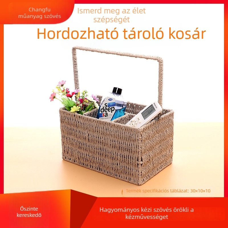 Fonott tárolókosár egykezes fogantyúval, szalma/fonott anyagból, gyümölcs és zöldség tárolására