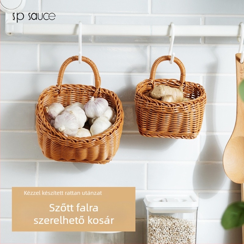 Kézzel szőtt falra szerelhető konyhai kosár gyömbér, fokhagyma és zöldhagyma tárolására