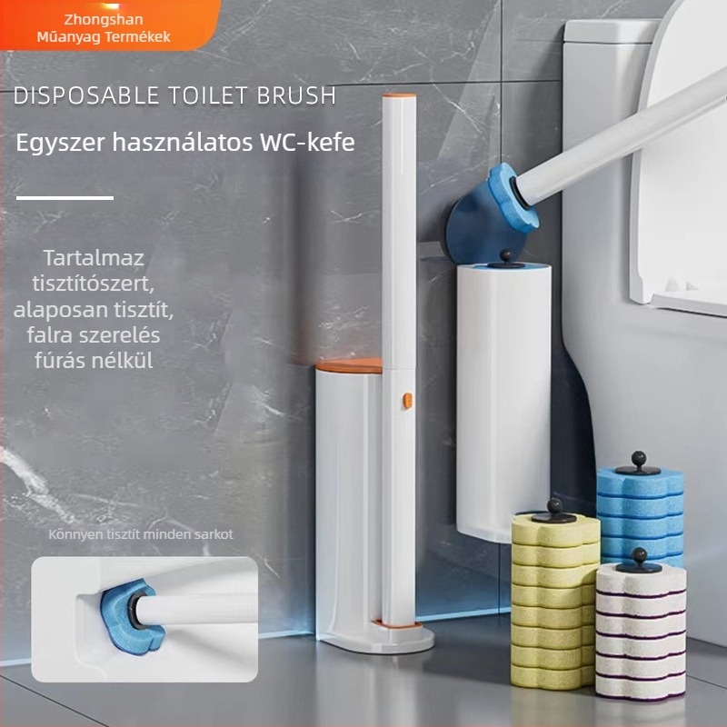 Egyszer használatos WC-kefe hosszú nyéllel, falra szerelhető, fúrás nélküli, műanyag