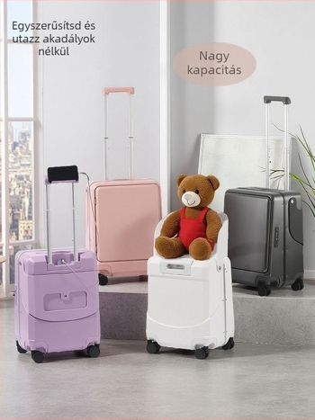 Gyermekeknek szóló utazótáska előlről nyíló kialakítással és ülőfunkcióval, PC külső, TSA kombinációs zár, USB-port, RFID védelem