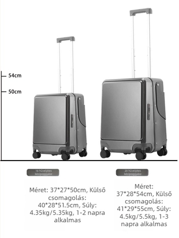 Gyermekeknek szóló utazótáska előlről nyíló kialakítással és ülőfunkcióval, PC külső, TSA kombinációs zár, USB-port, RFID védelem