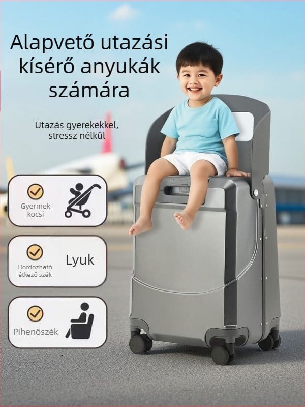 Gyermekeknek szóló utazótáska előlről nyíló kialakítással és ülőfunkcióval, PC külső, TSA kombinációs zár, USB-port, RFID védelem