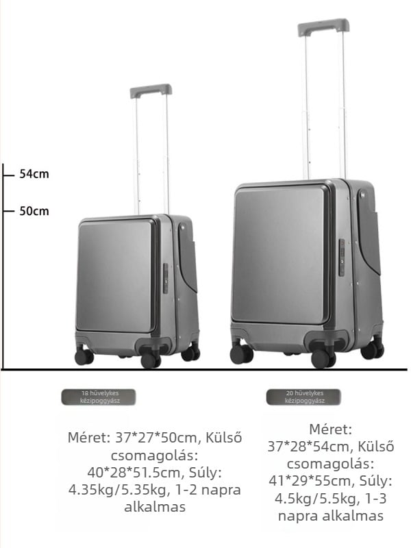 Gyermekeknek szóló utazótáska előlről nyíló kialakítással és ülőfunkcióval, PC külső, TSA kombinációs zár, USB-port, RFID védelem