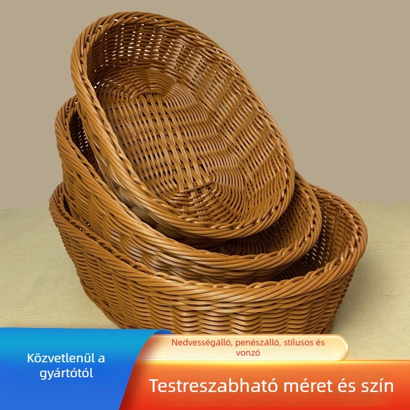 Rattan-stílusú fonott kosár gyümölcsök és nassolnivalók számára, négyzet alakú asztali kiállítási és tároló kosár