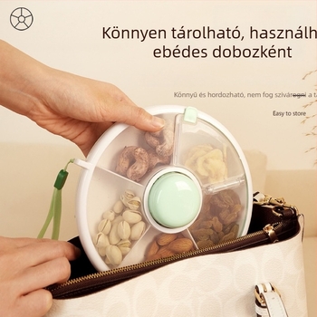 Gyerekeknek szánt nassolnivaló tároló doboz fedéllel és forgó gyümölcstálcával, műanyag, zárható, hordozható