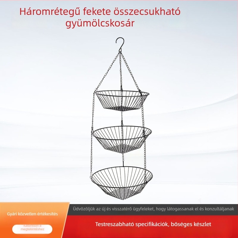 Háromrétegű fekete összecsukható függő gyümölcskosár, üreges vas kivitelben, otthoni tároláshoz