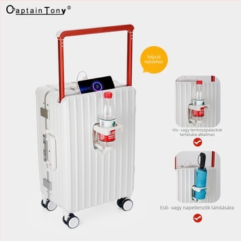 Előnyílású utazótáska PC-konstrukcióval és alumínium váz, TSA-zár, USB-port, kapacitás 20–35 L.