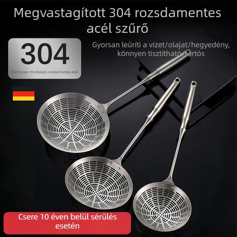 Hosszú fogantyújú rozsdamentes acél hálós szita dumplingokhoz és tésztához, 304-es rozsdamentes acél