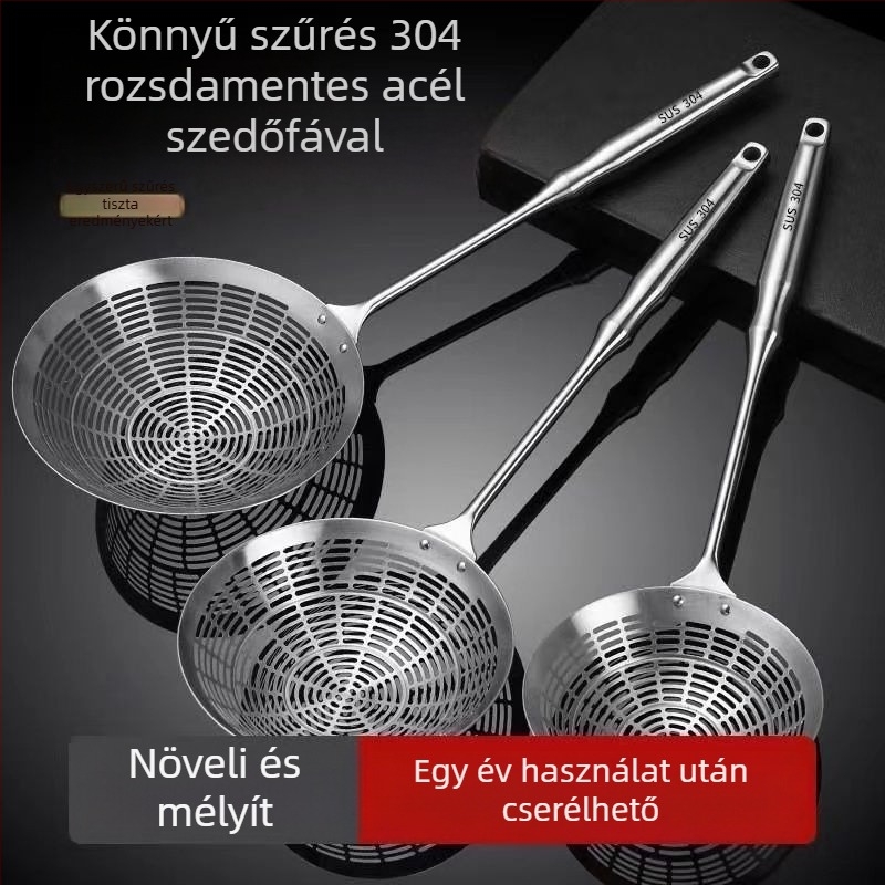 Hosszú fogantyújú rozsdamentes acél hálós szita dumplingokhoz és tésztához, 304-es rozsdamentes acél